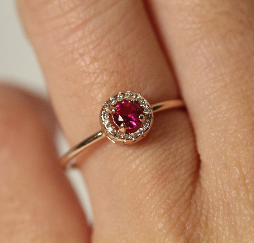 14k Gold Ruby with Diamond Halo Engagement Ring